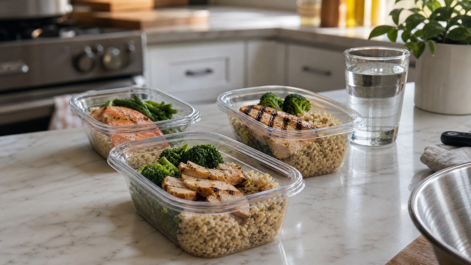 Prepared meal containers with chicken, salmon, brown rice and green vegetables on a kitchen counter