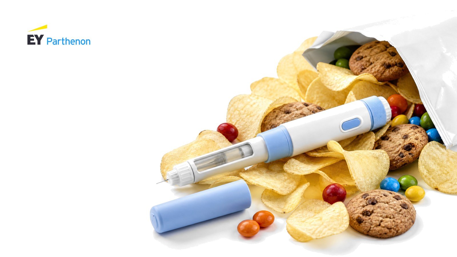A GLP-1 injector pen lying across spilled potato chips, cookies and candy on white, with the EY-Parthenon logo