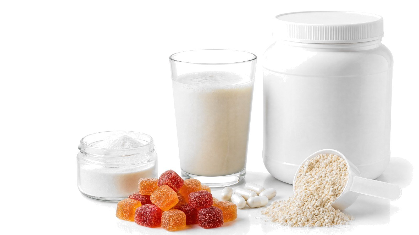A tub of protein powder, a jar of fiber gummies and a bottle of multivitamins arranged on a bright white studio background