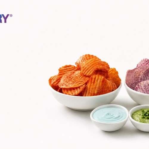 Bowls of red-orange and purple potato chips with blue and green dips, with the EXBERRY logo