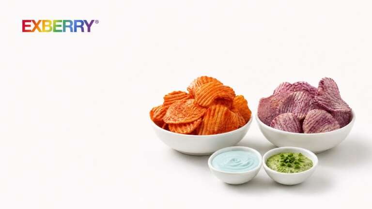 Bowls of red-orange and purple potato chips with blue and green dips, with the EXBERRY logo