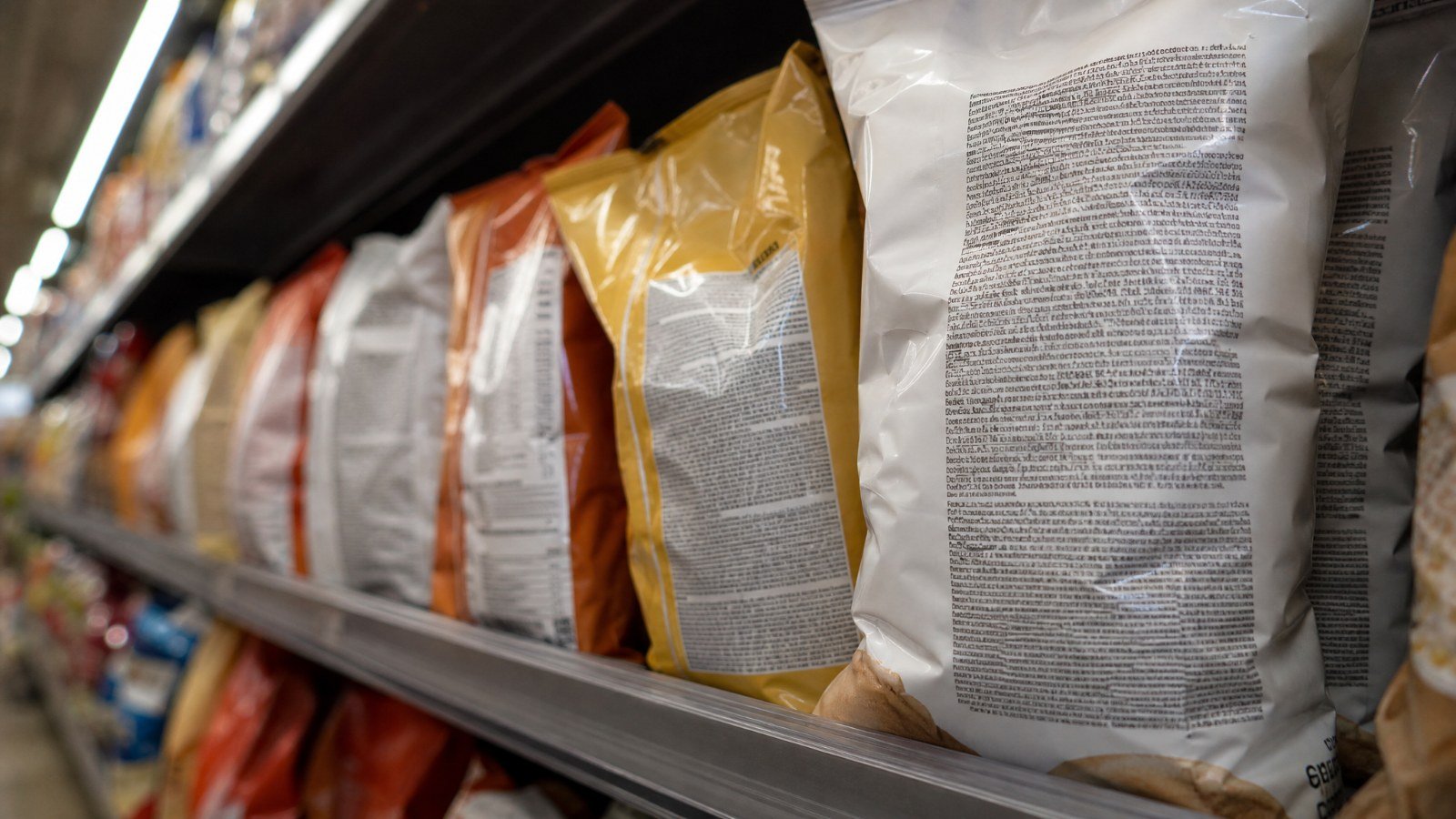 Supermarket shelf of packaged snacks turned to show their ingredient panels