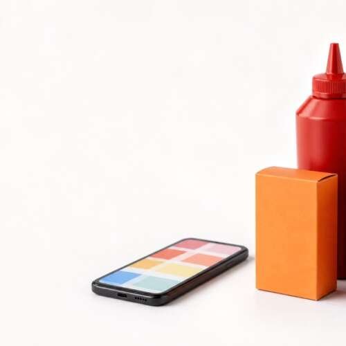 A smartphone showing colorful tiles beside unbranded grocery items, with the Kraft Heinz logo