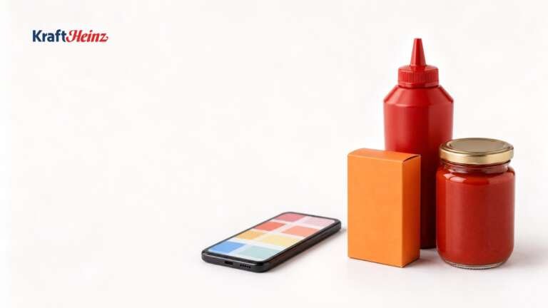 A smartphone showing colorful tiles beside unbranded grocery items, with the Kraft Heinz logo