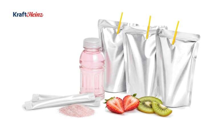 Silver drink pouches, electrolyte powder sticks and a small bottle of pink drink with strawberry and kiwi on white, with the Kraft Heinz logo
