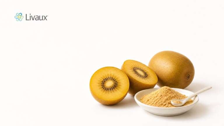 Halved gold kiwifruit beside a small dish of pale fruit powder, with the Livaux logo
