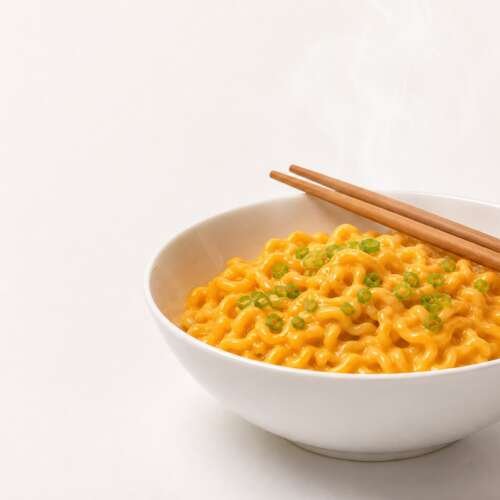 Bowl of ramen noodles in orange cheese sauce with chopsticks, with the Kraft Mac & Cheese logo