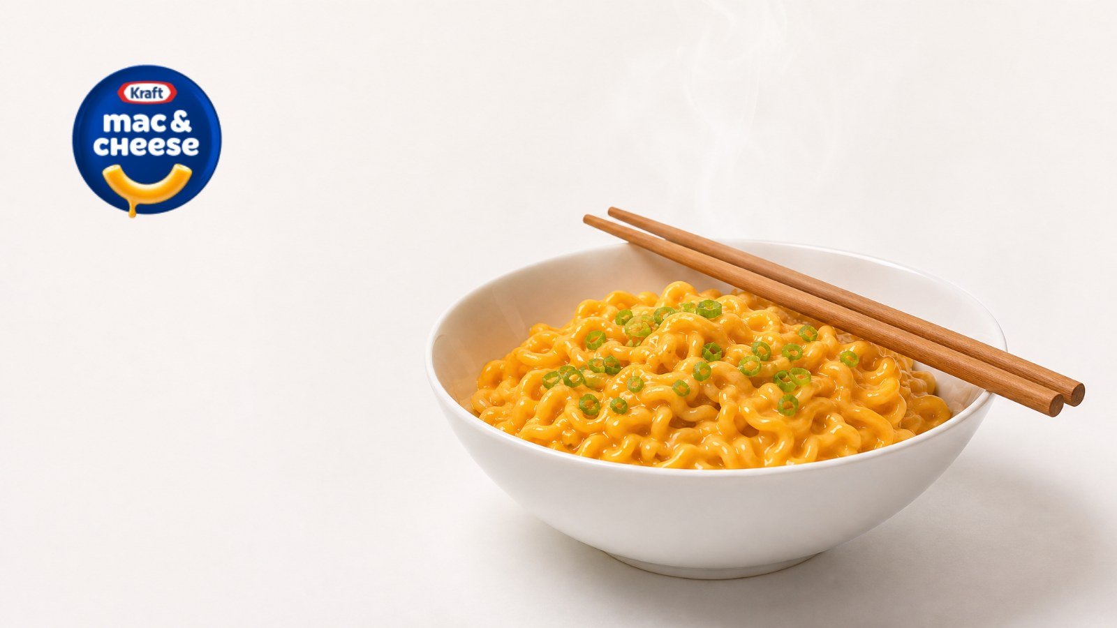 Bowl of ramen noodles in orange cheese sauce with chopsticks, with the Kraft Mac & Cheese logo