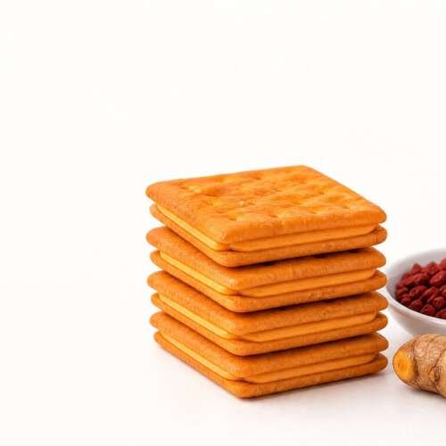 Stack of orange sandwich crackers beside annatto seeds and fresh turmeric root, with the Lance logo