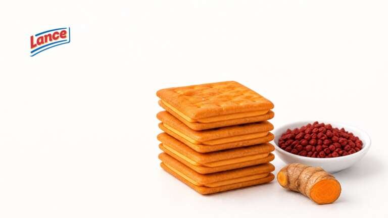 Stack of orange sandwich crackers beside annatto seeds and fresh turmeric root, with the Lance logo