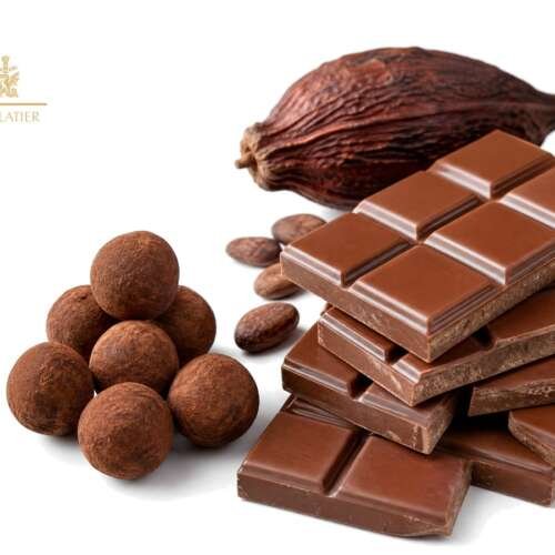 A broken bar of milk chocolate, chocolate truffles and cocoa pods on white, with the Lindt logo