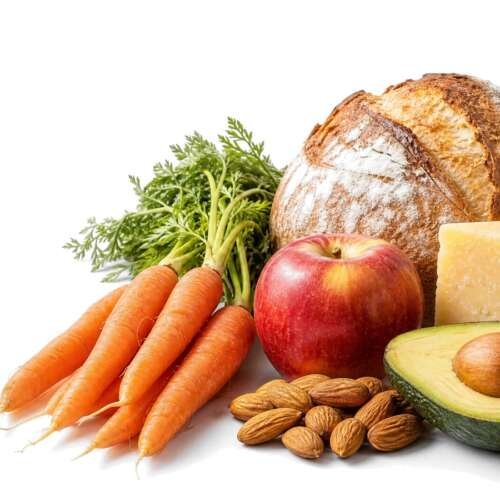 Whole foods including sourdough bread, carrots, an apple, cheese, almonds and avocado, with the Non-GMO Project logo