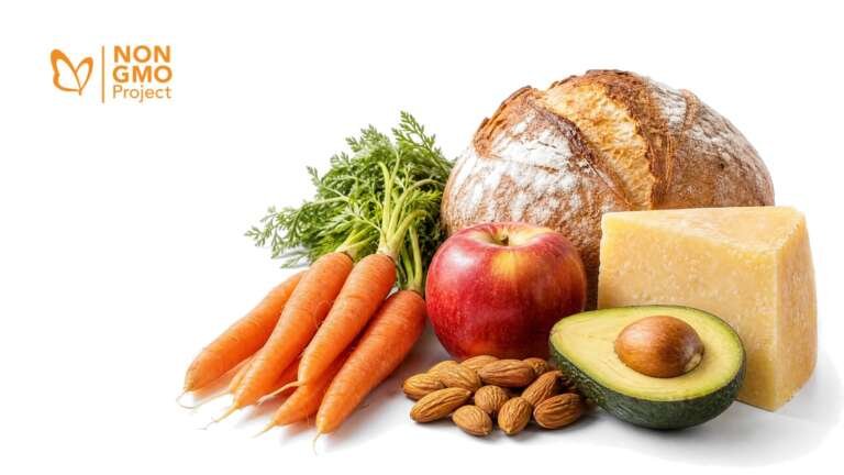 Whole foods including sourdough bread, carrots, an apple, cheese, almonds and avocado, with the Non-GMO Project logo
