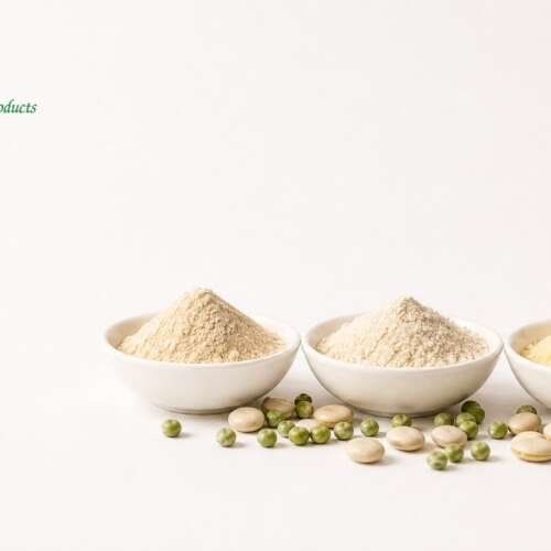 Three dishes of pale protein powders with dried peas and fava beans, with the Osage Food Products logo