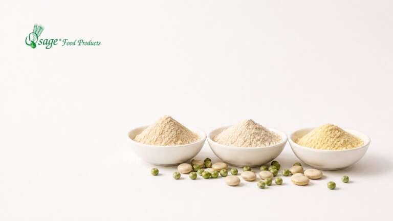Three dishes of pale protein powders with dried peas and fava beans, with the Osage Food Products logo