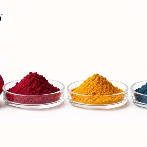 A halved beet beside dishes of red, yellow and blue natural color powders, with the Oterra logo