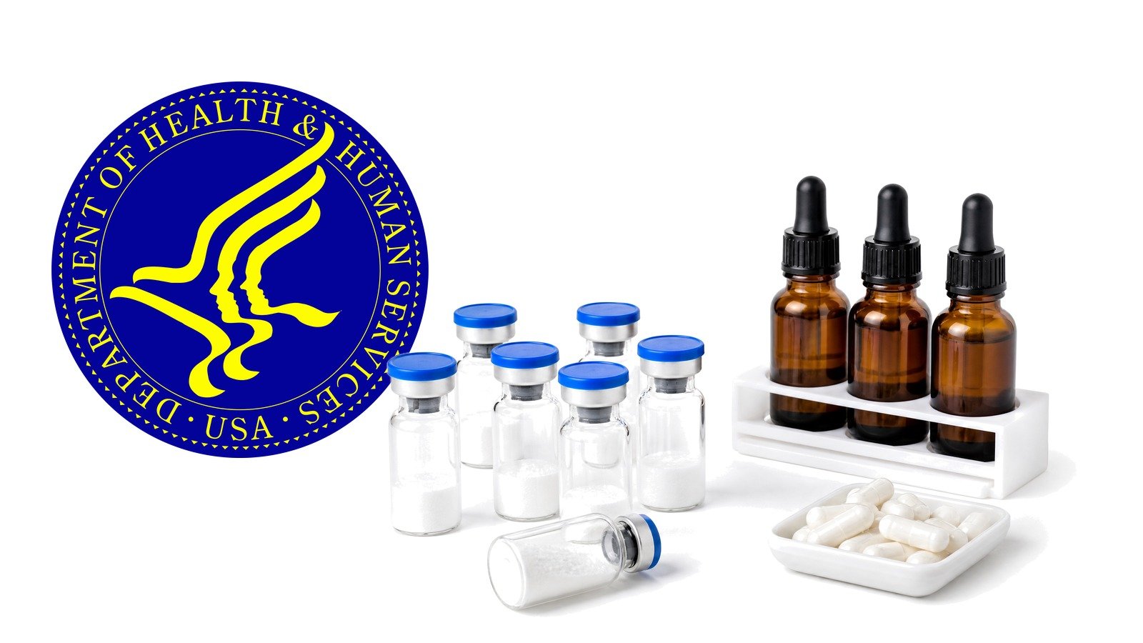 Small glass vials with blue caps, amber dropper bottles and white capsules on white, with the HHS seal large behind them