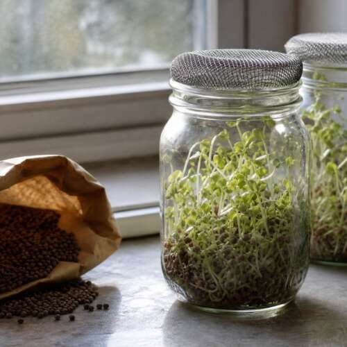 Mason jars of broccoli sprouts on a kitchen windowsill beside a paper bag of sprouting seeds