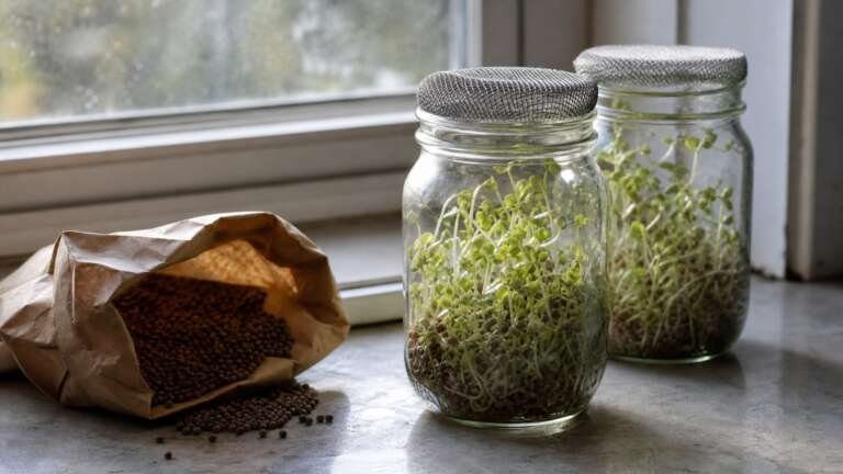 Mason jars of broccoli sprouts on a kitchen windowsill beside a paper bag of sprouting seeds