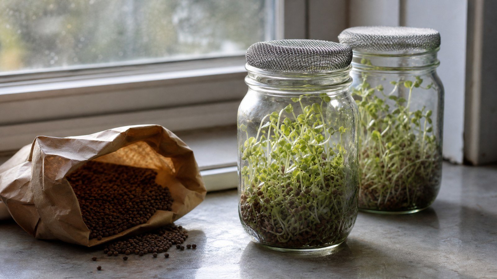 Mason jars of broccoli sprouts on a kitchen windowsill beside a paper bag of sprouting seeds