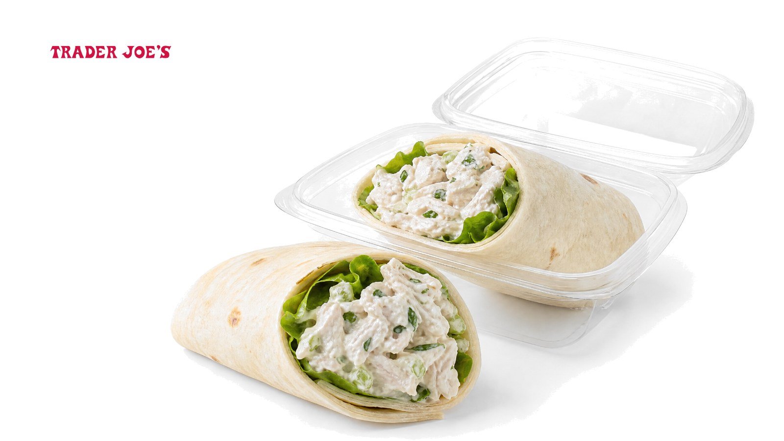 Chicken salad wraps cut in half, one in an open clear deli container, on white, with the Trader Joe's logo
