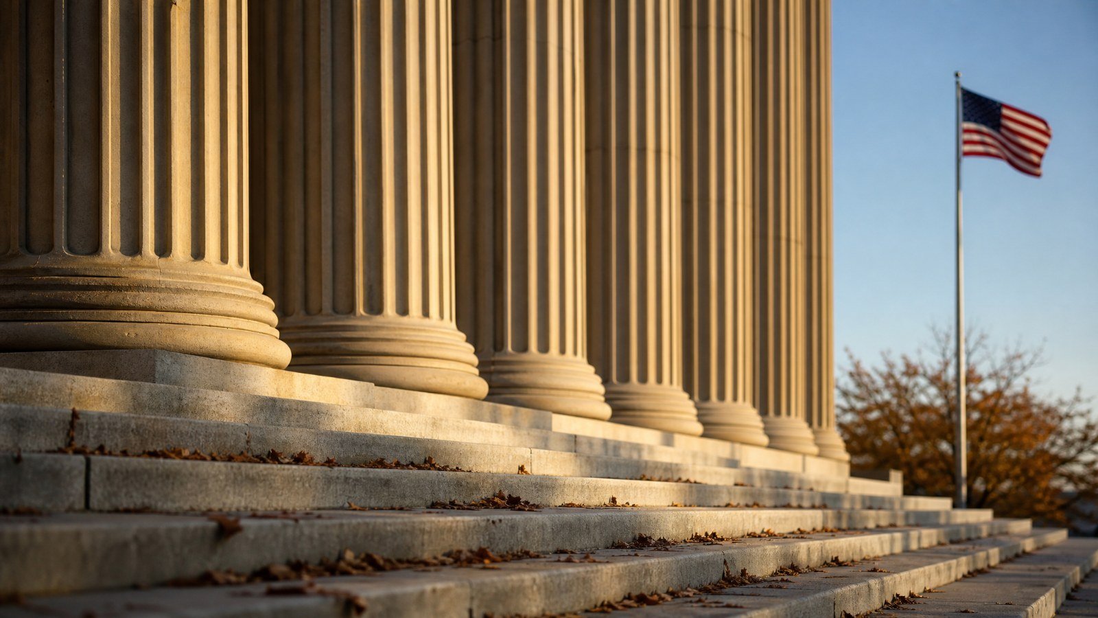 Columns and steps of a federal government building in Washington, D.C., with an American flag