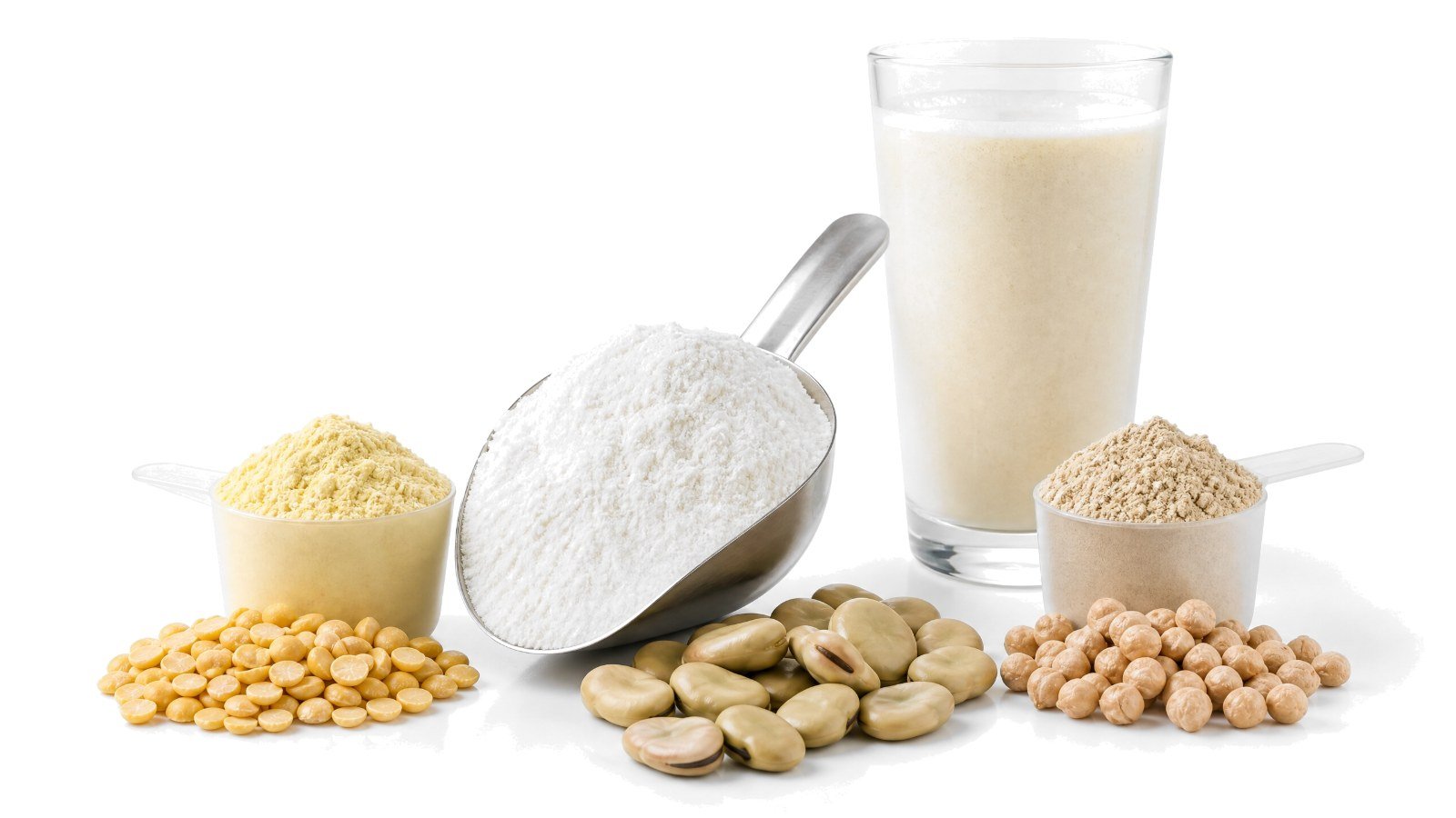 Bright studio photo of a tub of whey protein powder beside a scoop of pea protein powder on a pure white background